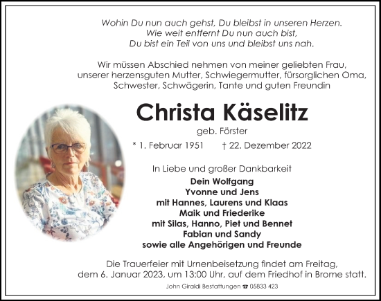 Traueranzeigen Von Christa K Selitz Trauer Anzeigen De