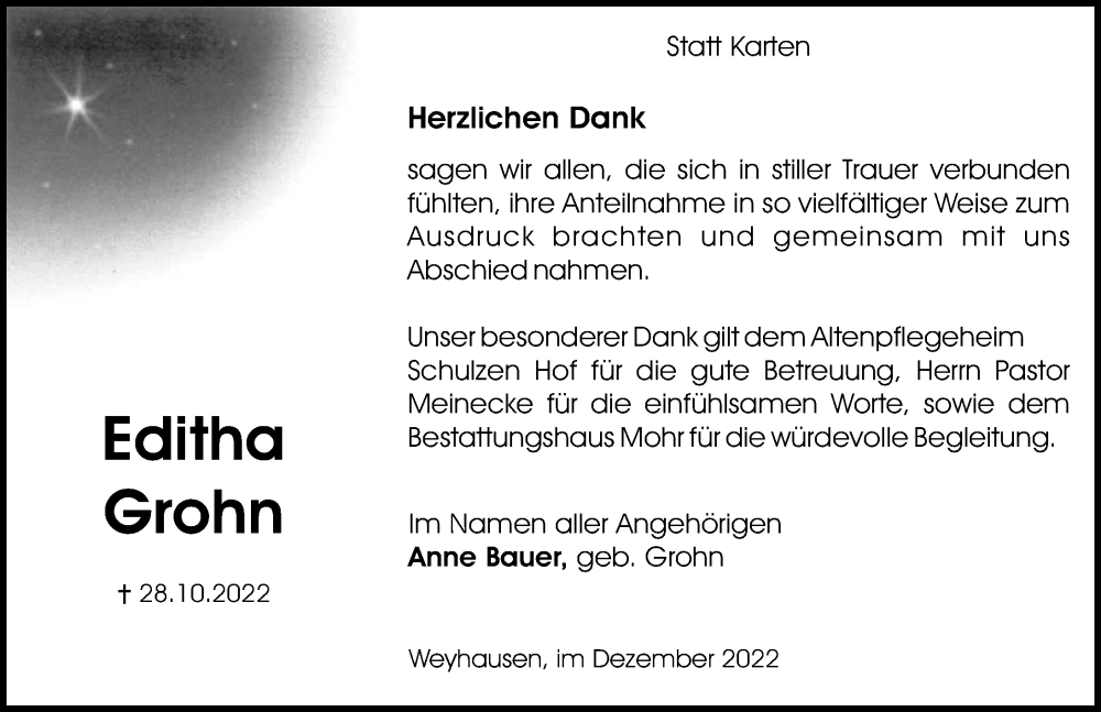 Traueranzeigen Von Editha Grohn Trauer Anzeigen De