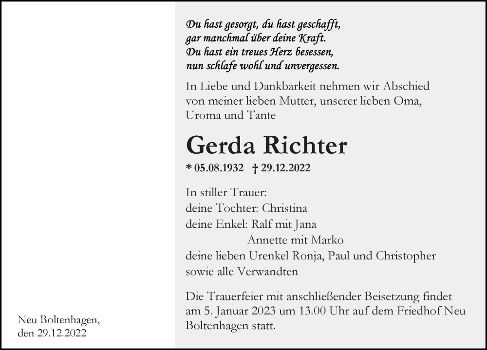 Traueranzeigen Von Gerda Richter Trauer Anzeigen De