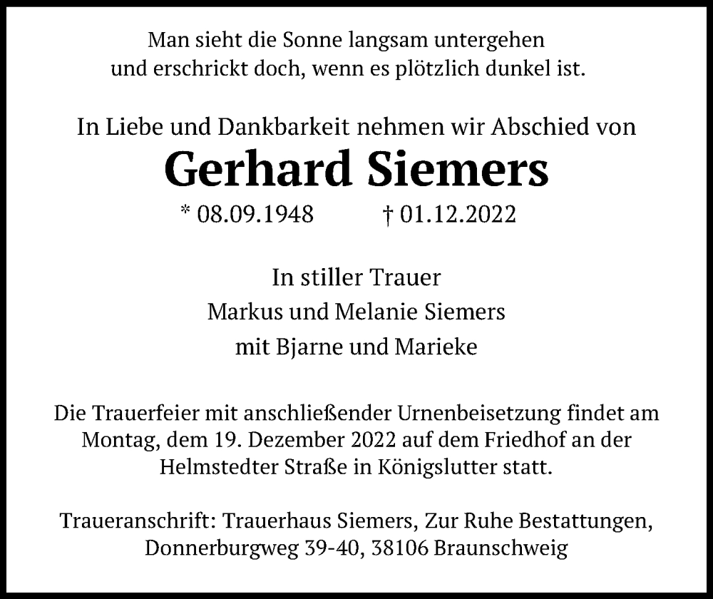 Traueranzeigen Von Gerhard Siemers Trauer Anzeigen De