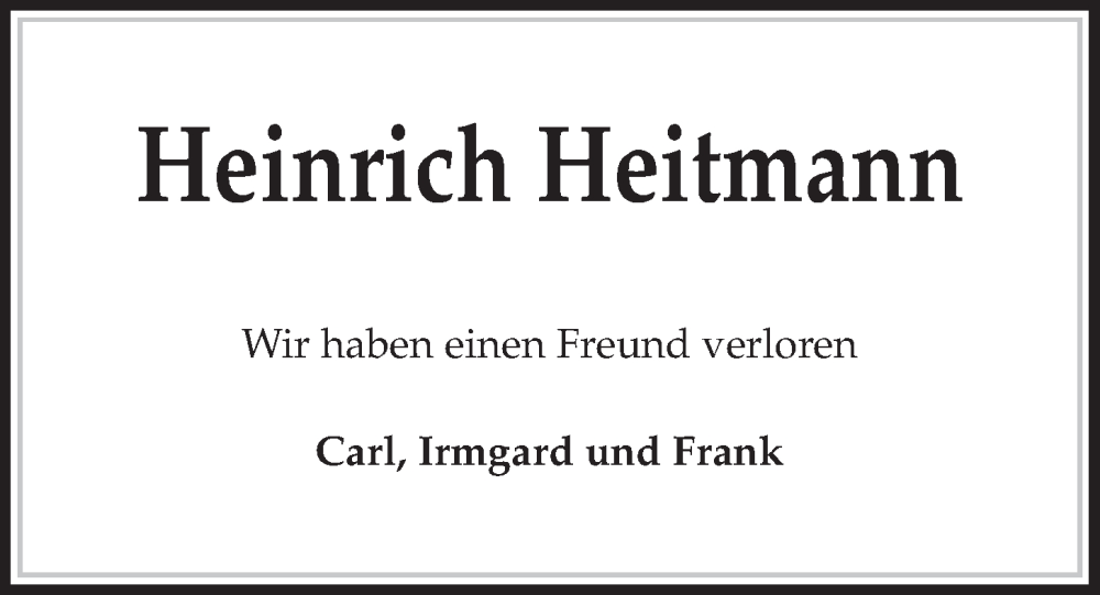 Traueranzeigen Von Heinrich Heitmann Trauer Anzeigen De