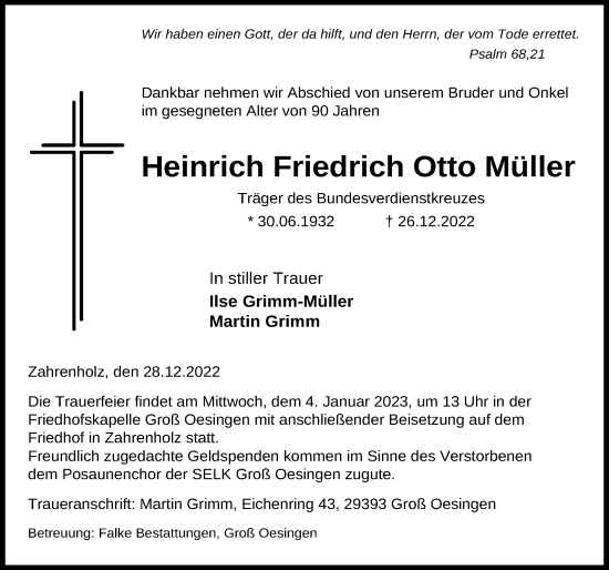 Traueranzeigen Von Heinrich Friedrich Otto M Ller Trauer Anzeigen De