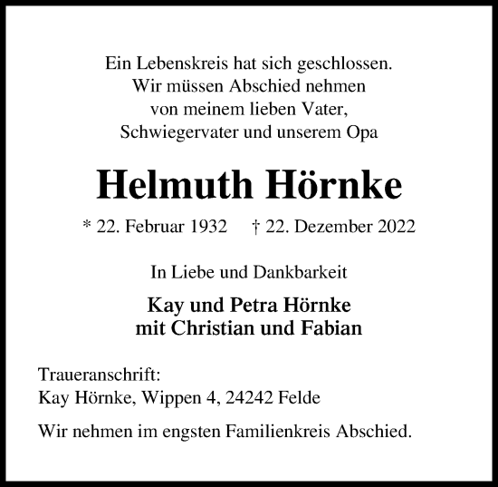 Traueranzeigen von Helmuth Hörnke trauer anzeigen de