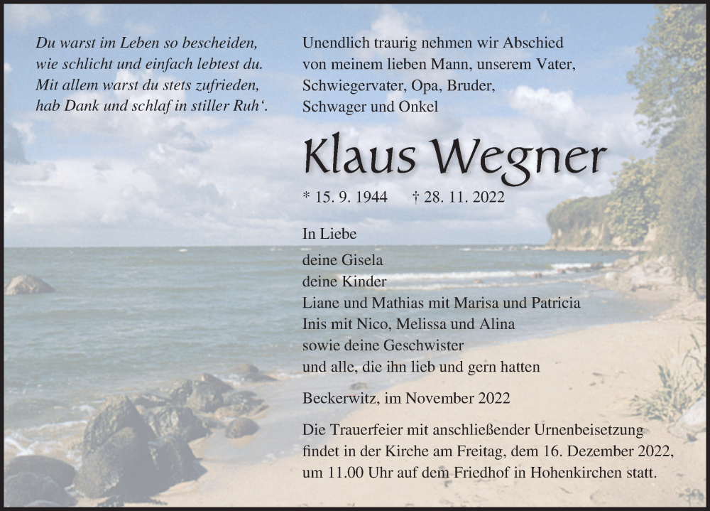 Traueranzeigen Von Klaus Wegner Trauer Anzeigen De