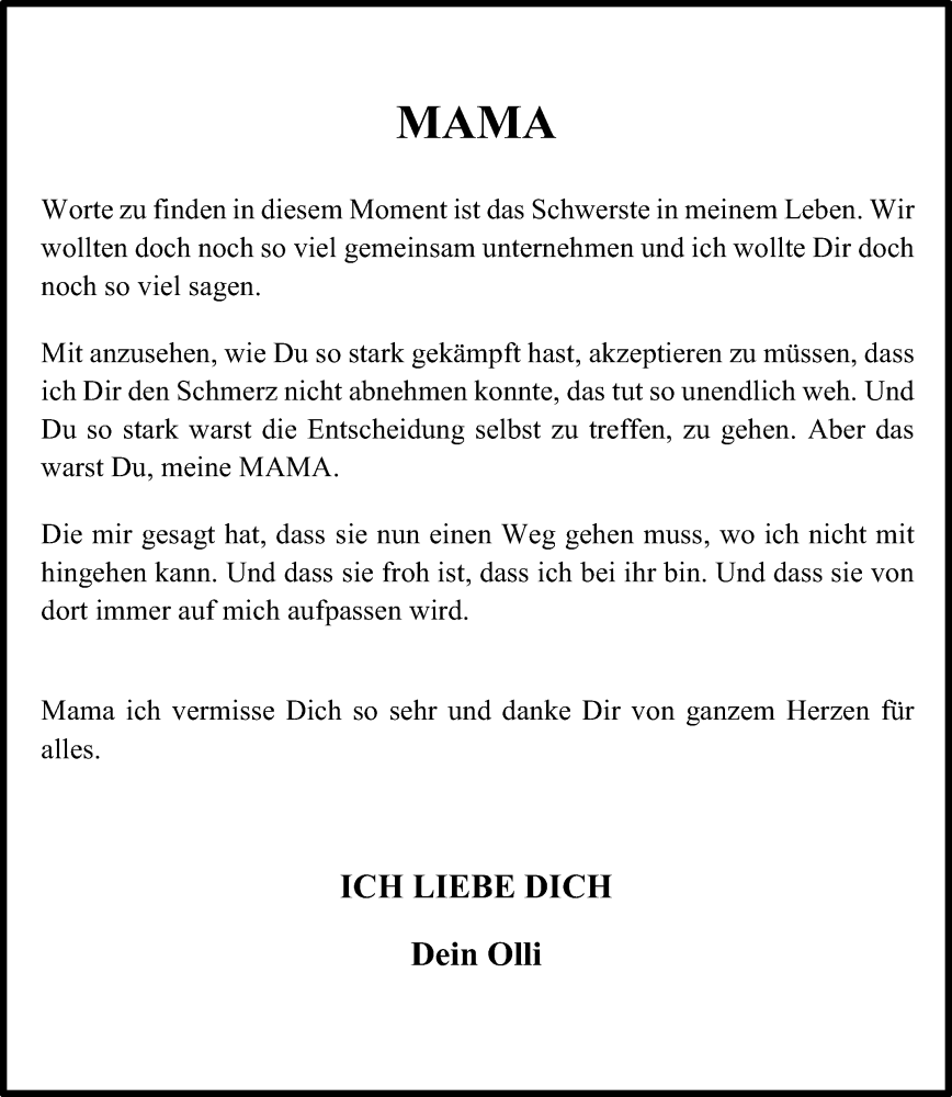 Traueranzeigen Von Mama Trauer Anzeigen De