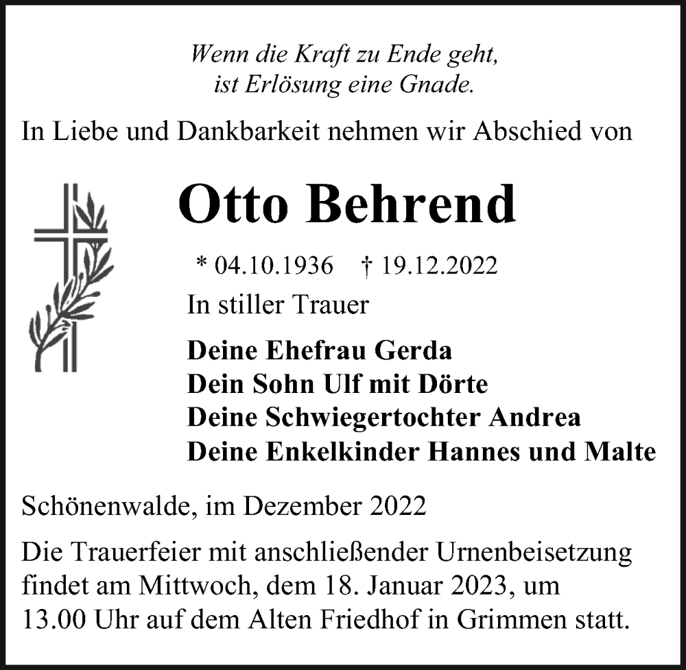 Traueranzeigen Von Otto Behrend Trauer Anzeigen De