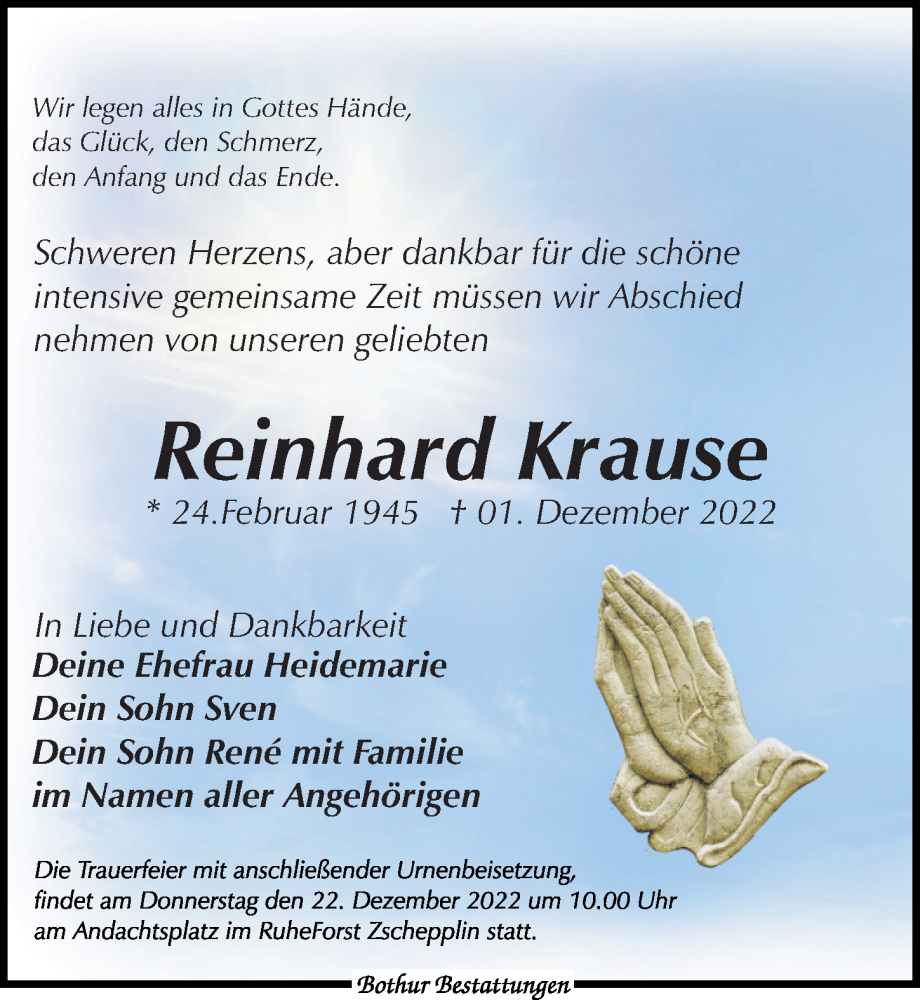 Traueranzeigen Von Reinhard Krause Trauer Anzeigen De