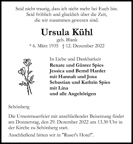 Traueranzeigen von Ursula Kühl trauer anzeigen de