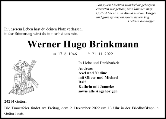 Traueranzeigen Von Werner Hugo Brinkmann Trauer Anzeigen De