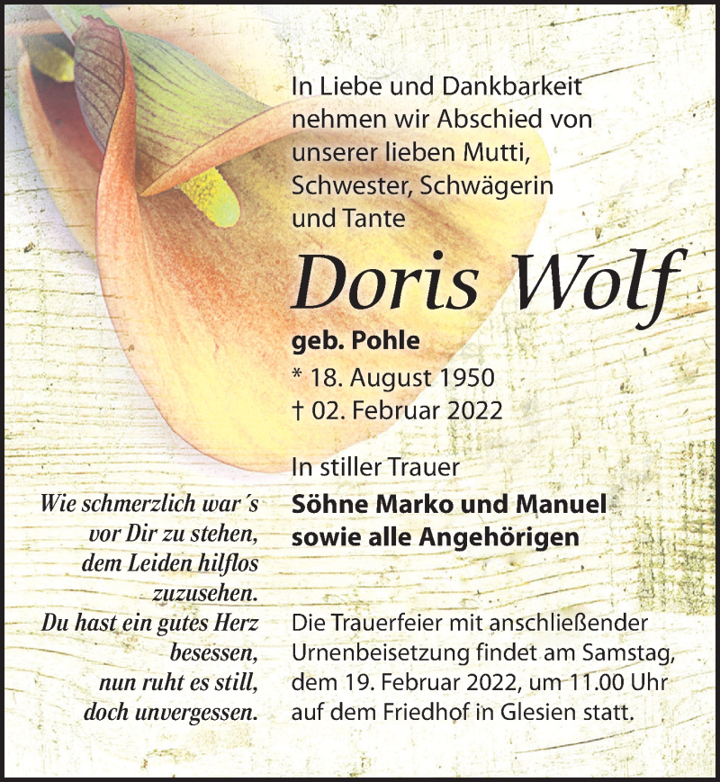 Traueranzeigen Von Doris Wolf Trauer Anzeigen De