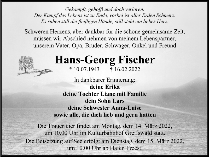 Traueranzeigen Von Hans Georg Fischer Trauer Anzeigen De