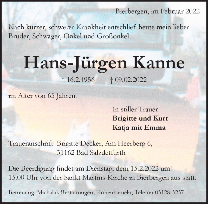 Traueranzeigen von Hans Jürgen Kanne trauer anzeigen de