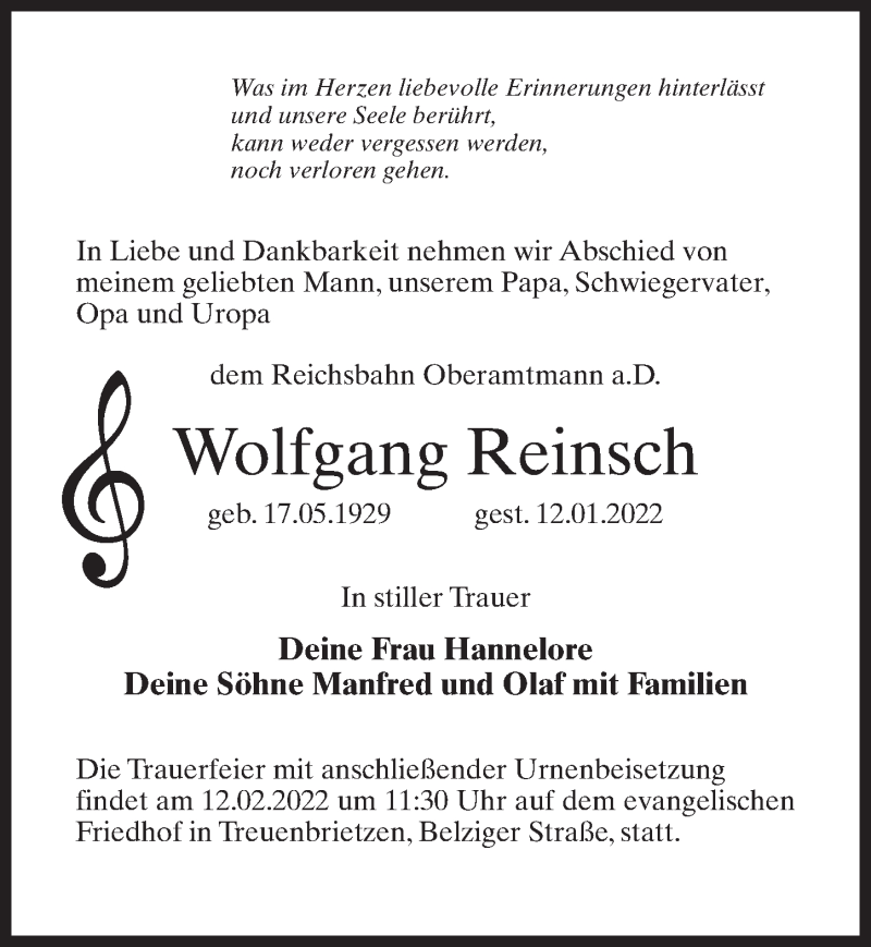 Traueranzeigen Von Wolfgang Reinsch Trauer Anzeigen De