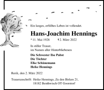 Traueranzeigen Von Hans Joachim Hennings Trauer Anzeigen De