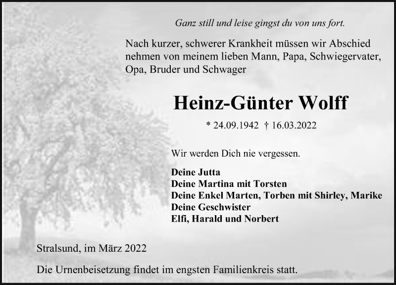 Traueranzeigen von Heinz Günter Wolff trauer anzeigen de