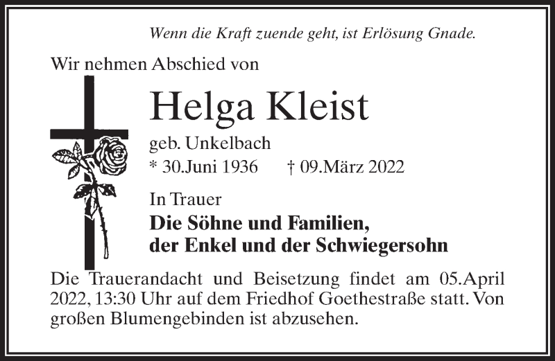 Traueranzeigen Von Helga Kleist Trauer Anzeigen De