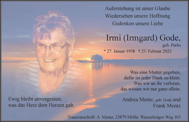 Traueranzeigen Von Irmgard Gode Trauer Anzeigen De