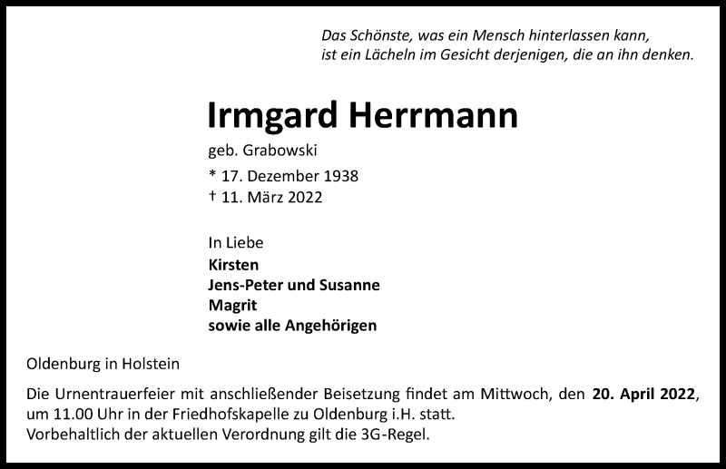 Traueranzeigen Von Irmgard Herrmann Trauer Anzeigen De