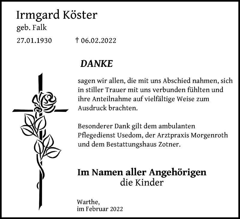 Traueranzeigen Von Irmgard K Ster Trauer Anzeigen De