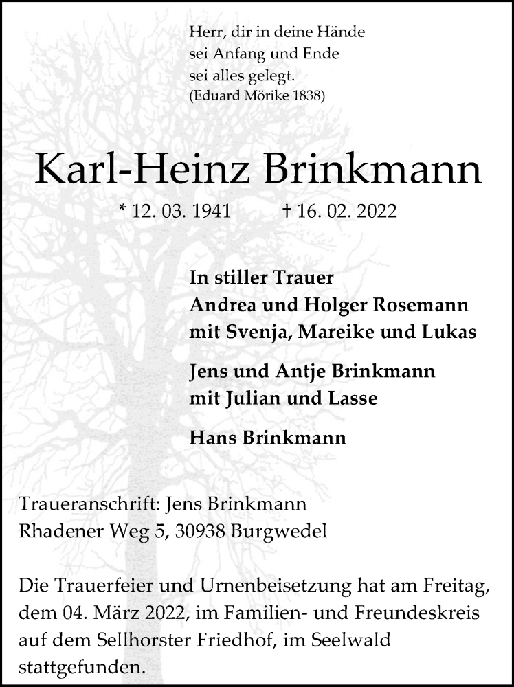 Traueranzeigen Von Karl Heinz Brinkmann Trauer Anzeigen De