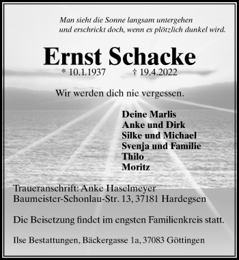 Traueranzeigen Von Ernst Schacke Trauer Anzeigen De