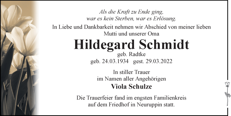 Traueranzeigen Von Hildegard Schmidt Trauer Anzeigen De