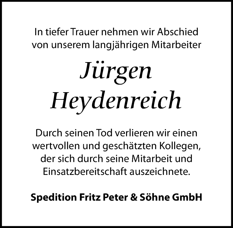 Traueranzeigen von Jürgen Heydenreich trauer anzeigen de