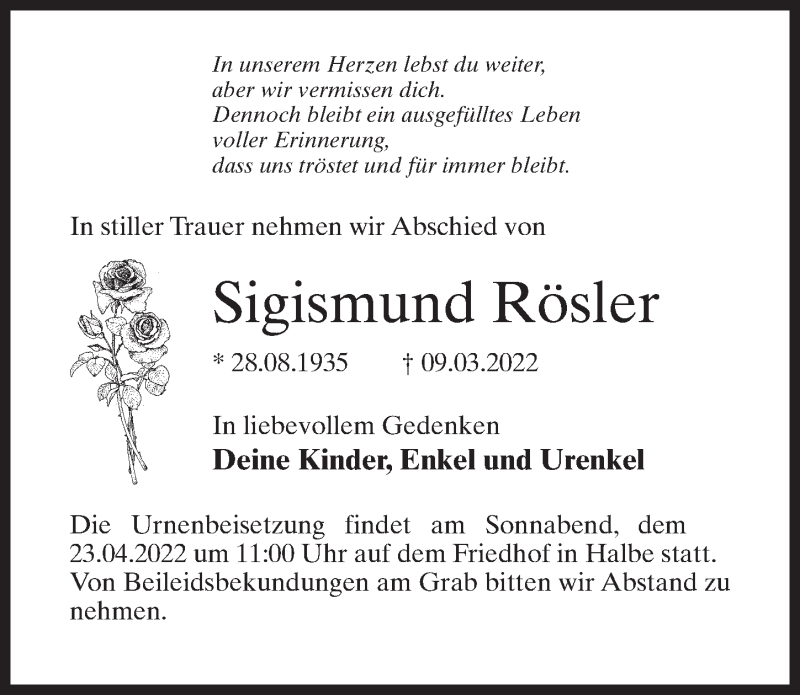 Traueranzeigen von Sigismund Rösler trauer anzeigen de