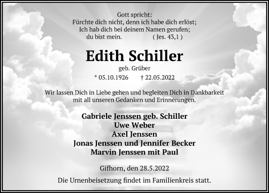 Traueranzeigen Von Edith Schiller Trauer Anzeigen De