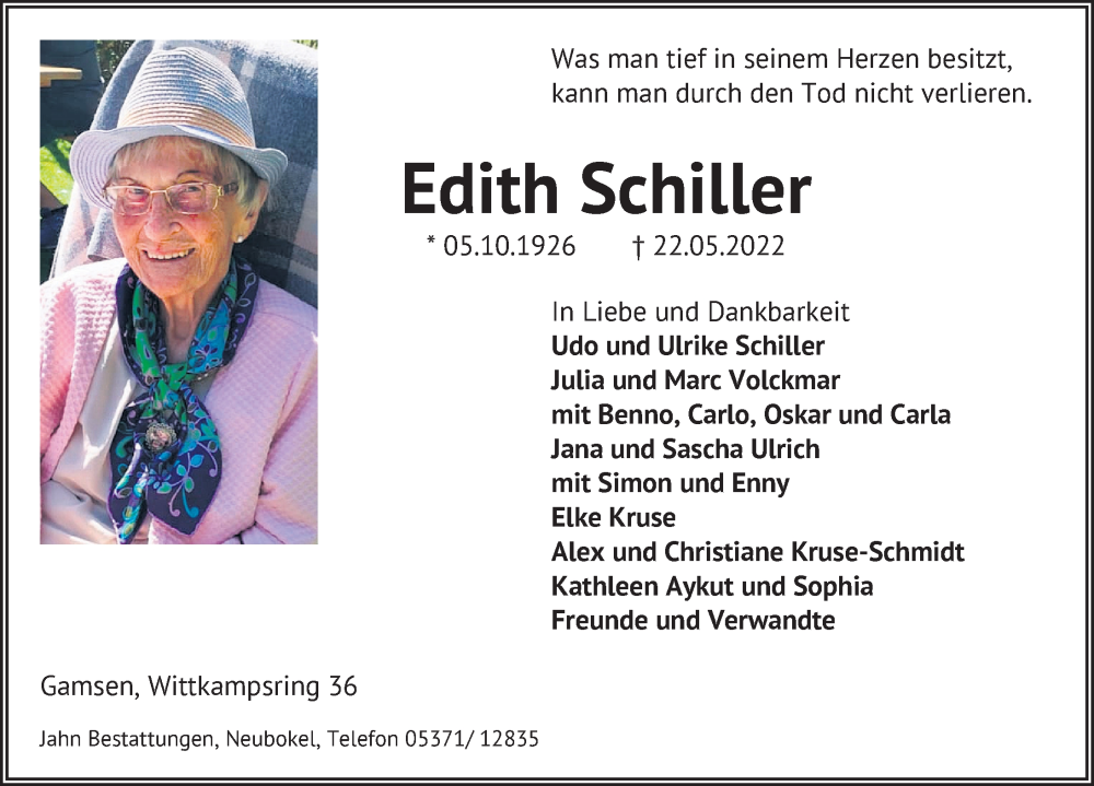 Traueranzeigen Von Edith Schiller Trauer Anzeigen De