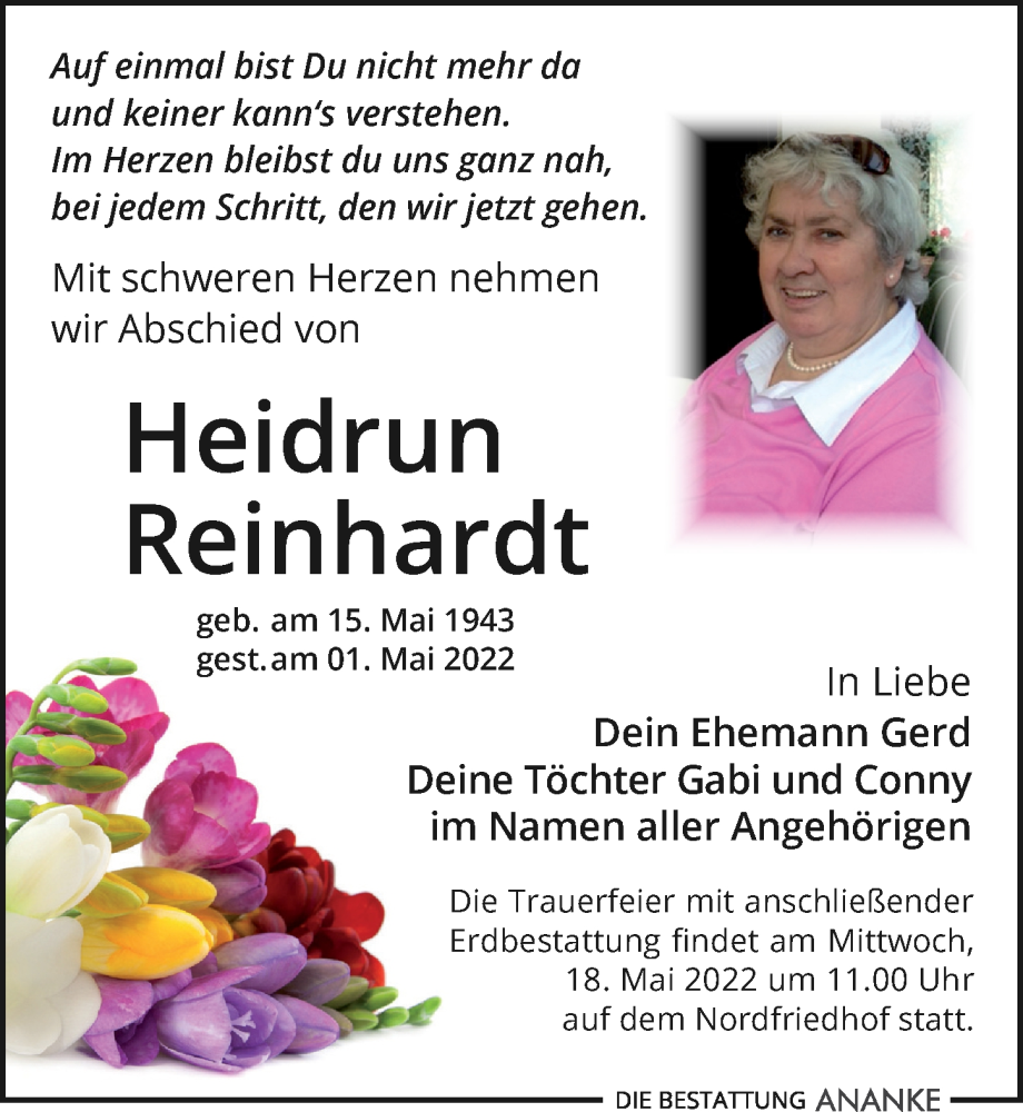 Traueranzeigen Von Heidrun Reinhardt Trauer Anzeigen De