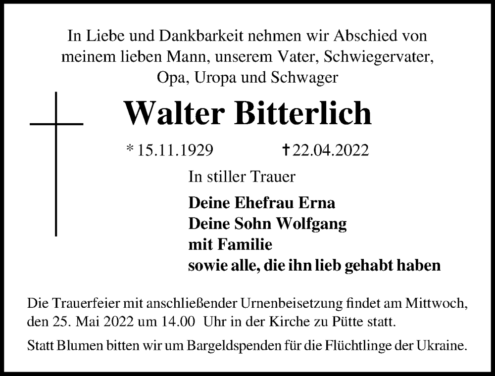 Traueranzeigen Von Walter Bitterlich Trauer Anzeigen De