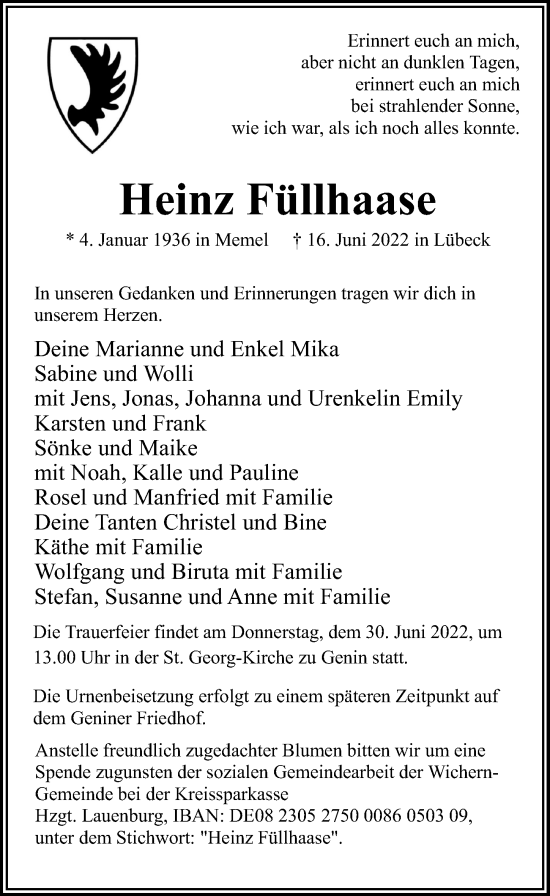 Traueranzeigen von Heinz Füllhaase trauer anzeigen de