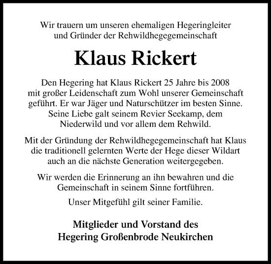 Traueranzeigen Von Klaus Rickert Trauer Anzeigen De