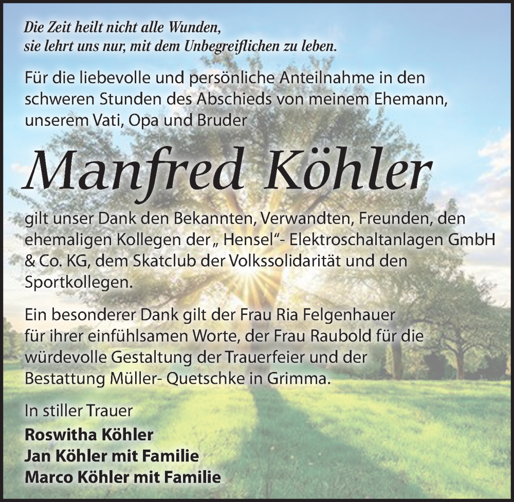 Traueranzeigen von Manfred Köhler trauer anzeigen de