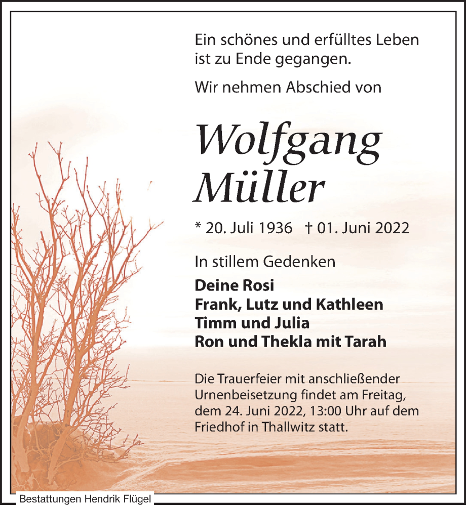 Traueranzeigen von Wolfgang Müller trauer anzeigen de