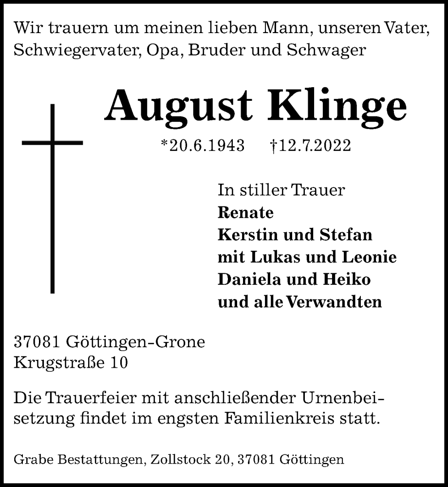 Traueranzeigen Von August Klinge Trauer Anzeigen De