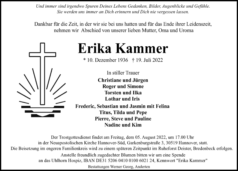 Traueranzeigen Von Erika Kammer Trauer Anzeigen De