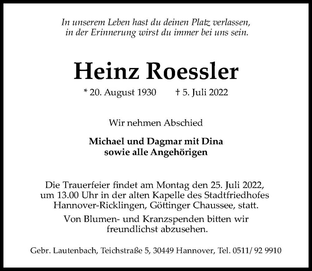 Traueranzeigen Von Heinz Roessler Trauer Anzeigen De