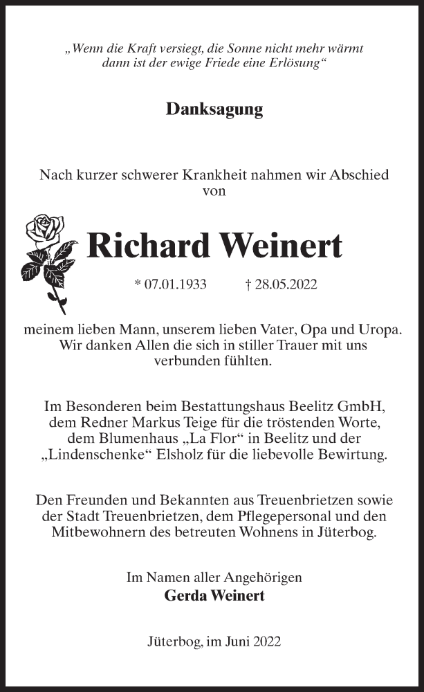 Traueranzeigen Von Richard Weinert Trauer Anzeigen De