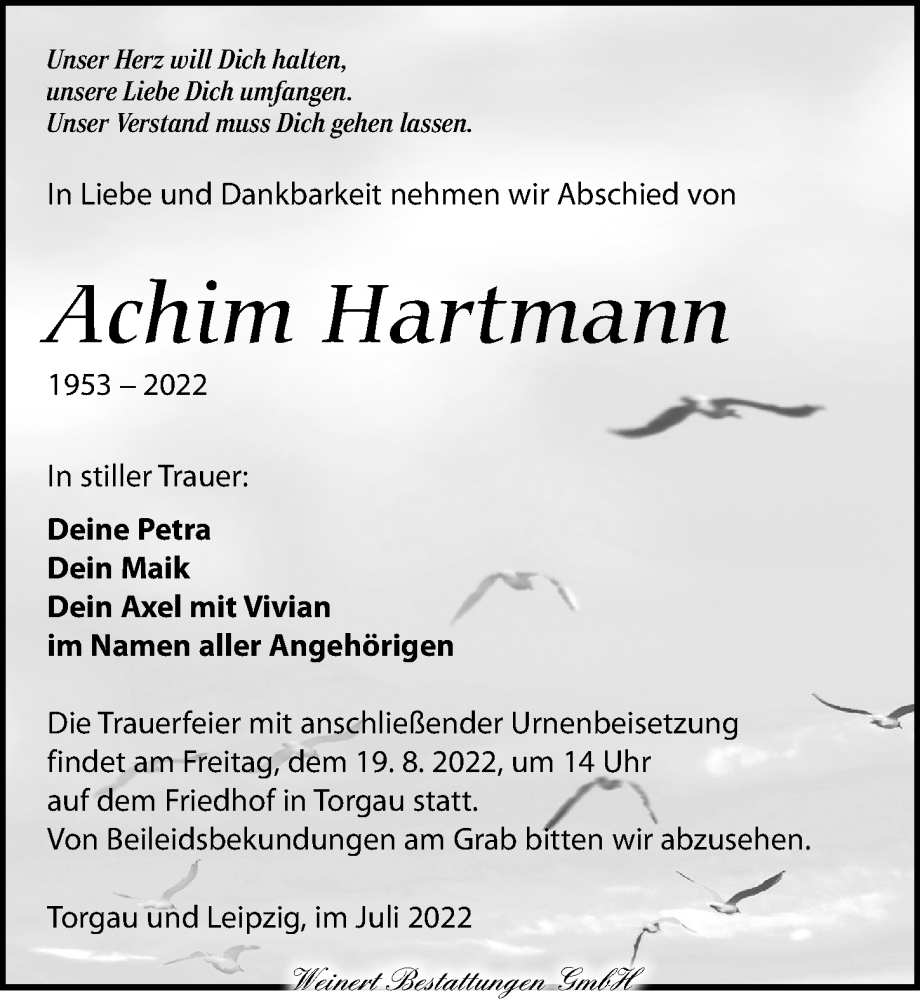 Traueranzeigen Von Achim Hartmann Trauer Anzeigen De