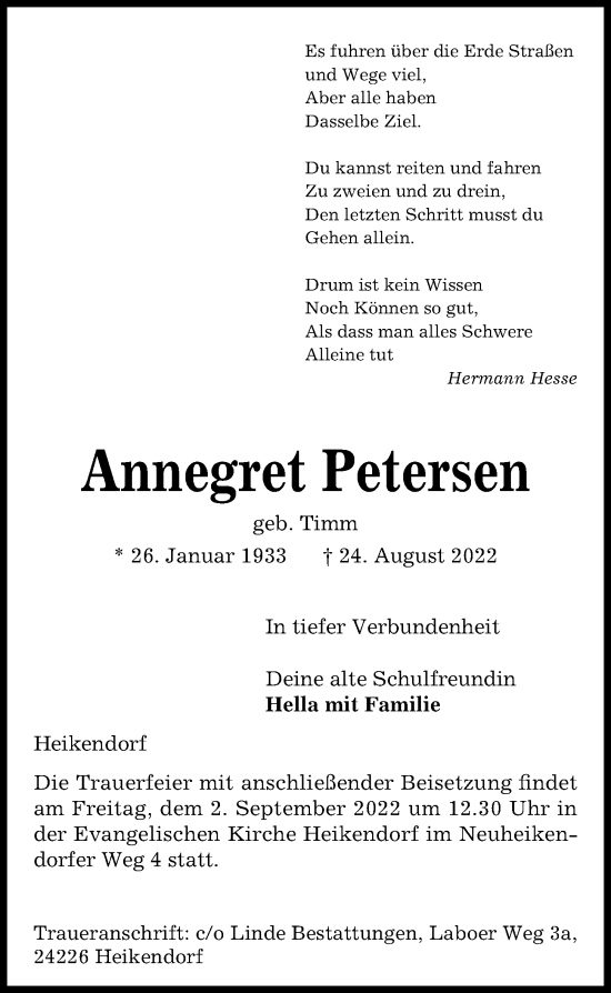 Traueranzeigen Von Annegret Petersen Trauer Anzeigen De