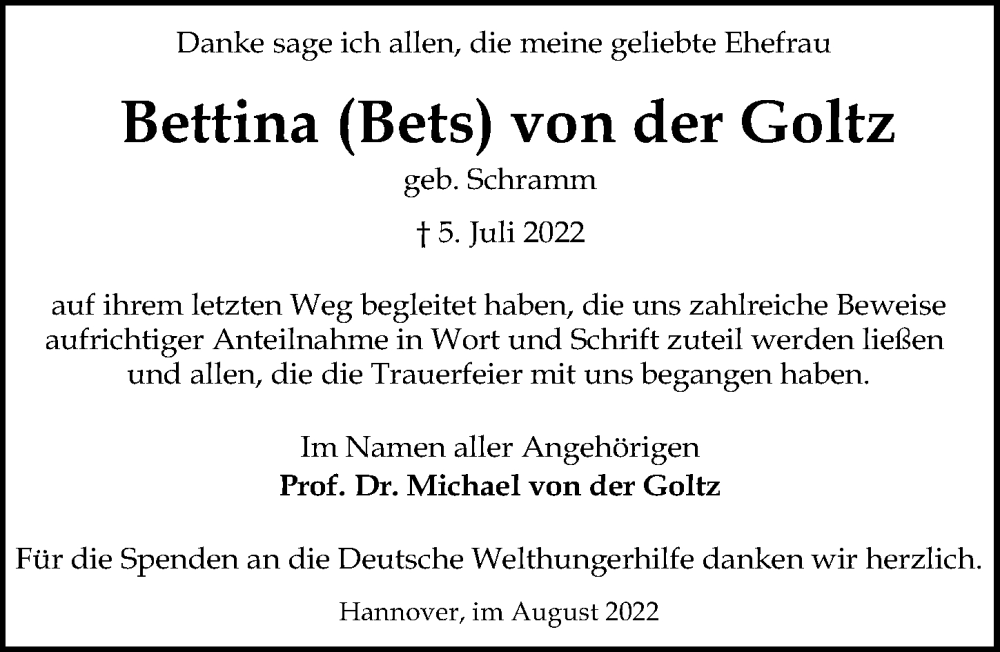 Traueranzeigen Von Bettina Von Der Goltz Trauer Anzeigen De