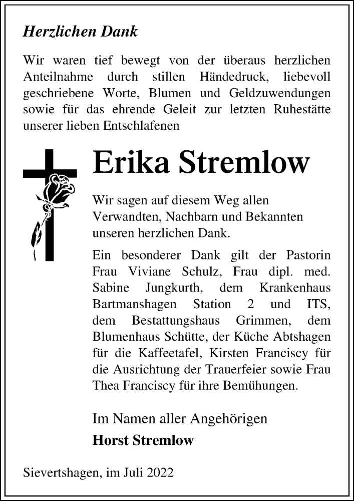 Traueranzeigen Von Erika Stremlow Trauer Anzeigen De