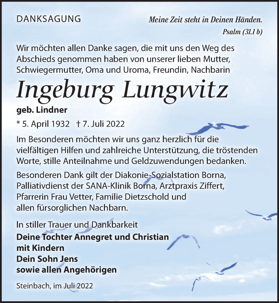 Traueranzeigen Von Ingeburg Lungwitz Trauer Anzeigen De