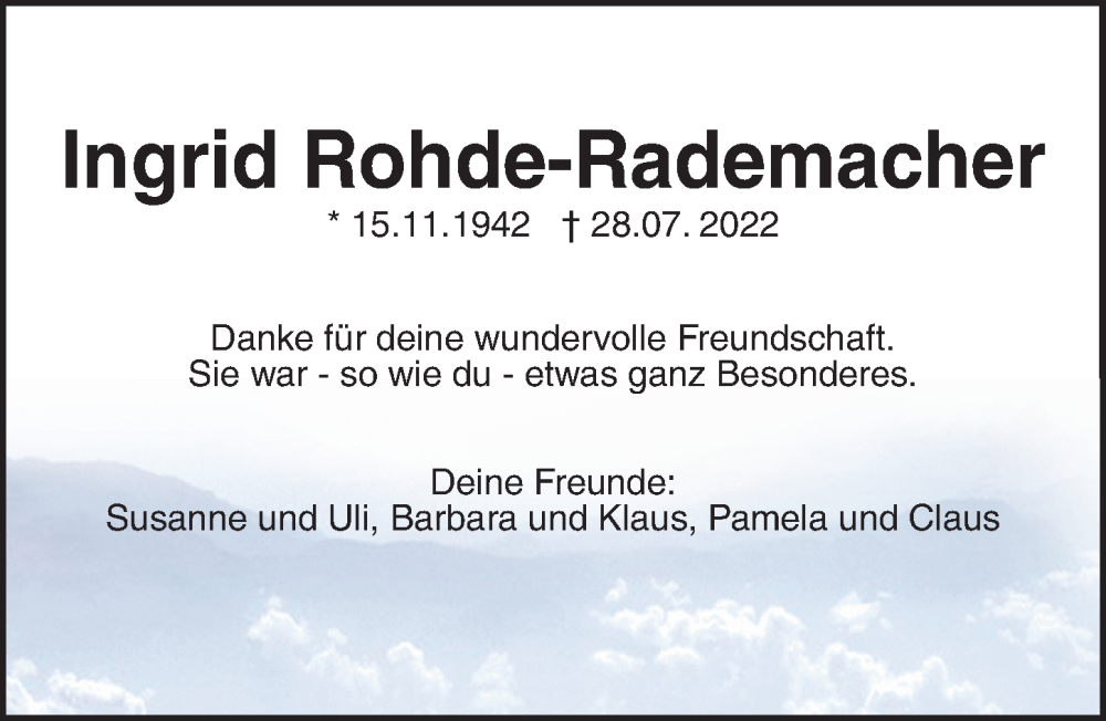 Traueranzeigen Von Ingrid Rohde Rademacher Trauer Anzeigen De