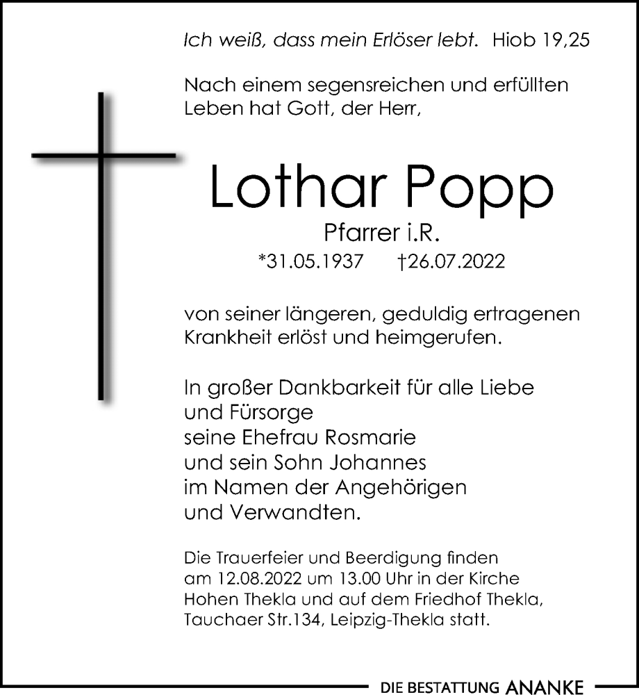 Traueranzeigen Von Lothar Popp Trauer Anzeigen De