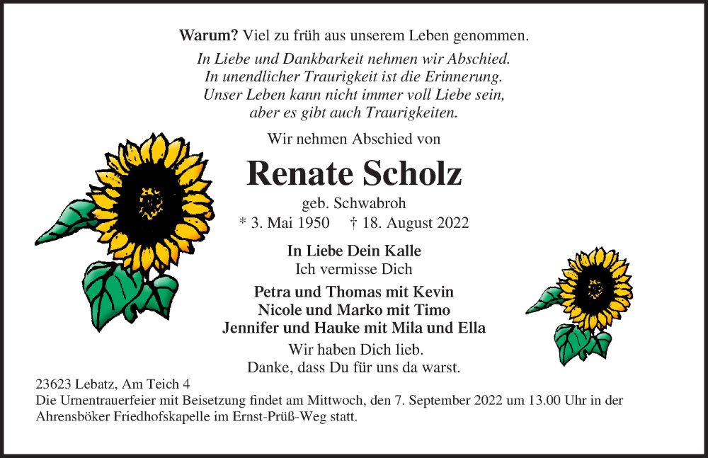 Traueranzeigen Von Renate Scholz Trauer Anzeigen De