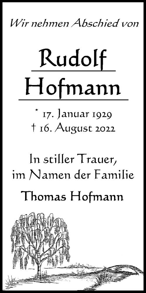 Traueranzeigen Von Rudolf Hofmann Trauer Anzeigen De