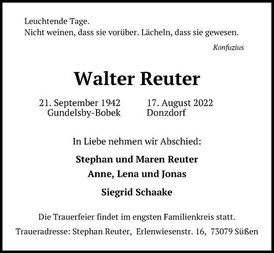 Traueranzeigen Von Walter Reuter Trauer Anzeigen De